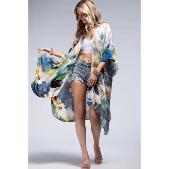 Monica Floral Watercolor Spring Summer Open Wrap Women's Casual One Size Kimono - Picture 1 of 6